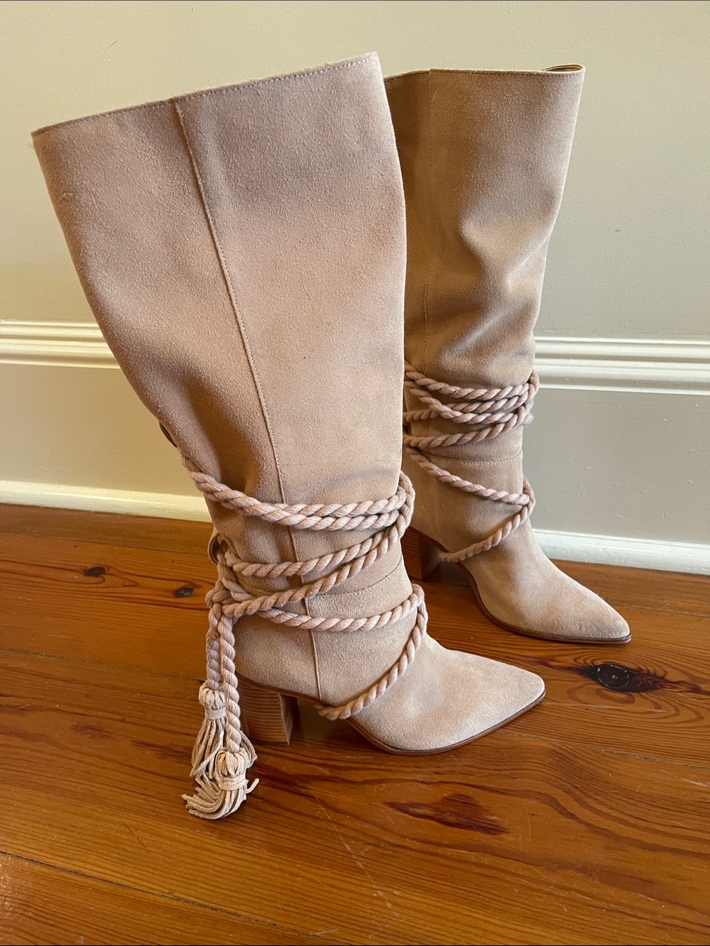 SCHUTZ Blush Beige Suede Knee-High Boots with Braided Rope Wrap